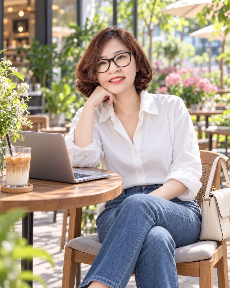 Cô Nguyên Lý ngồi làm việc bên máy tính