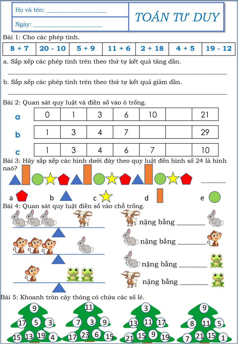 Trang đầu phiếu Toán tư duy của cô Nguyên Lý: bài 1 đến bài 5